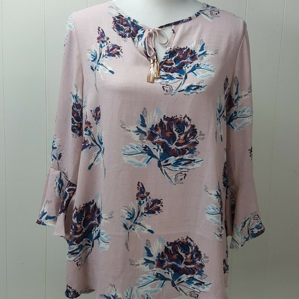 Ivanka Trump Floral Pink Tassel Bell Sleeve Top